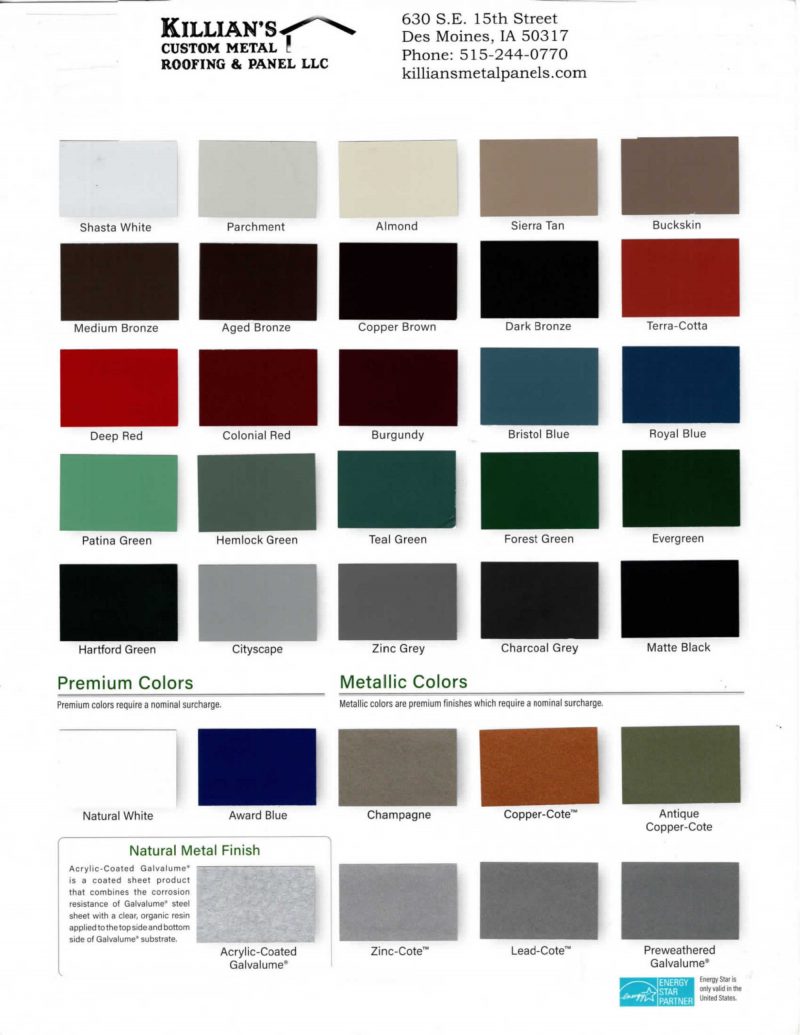 Color Chart -Large Commercial - KIllians Custom Metal Roofing & Panel